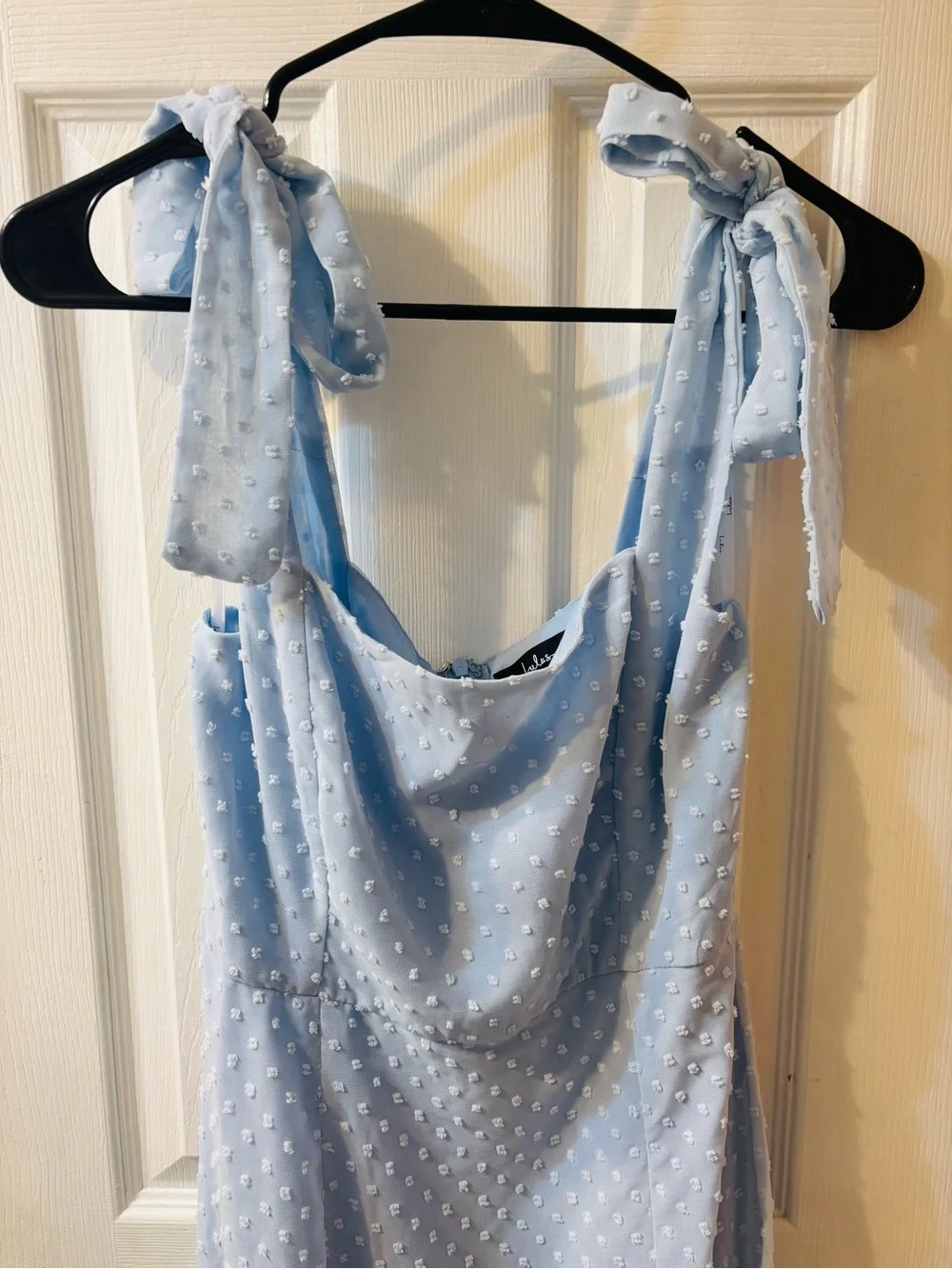 Lulus Bimini Periwinkle Blue Swiss Dot Tie-Strap Midi Dresses